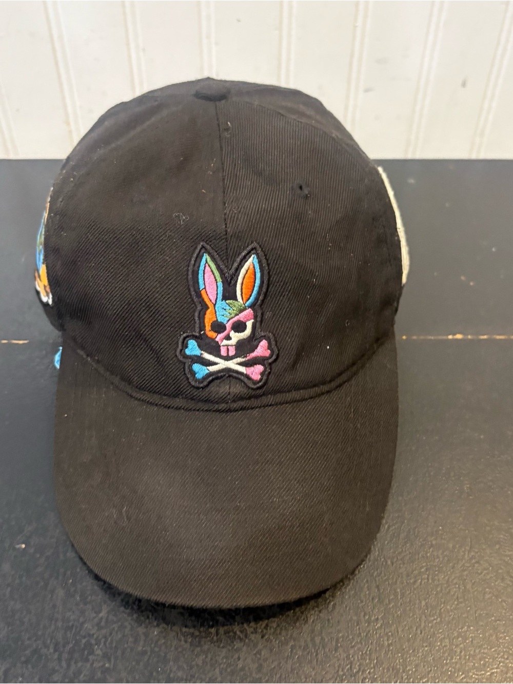 Psycho Bunny Hat Cap Strap Back Black Embroidered Skull Logo Patches Rare